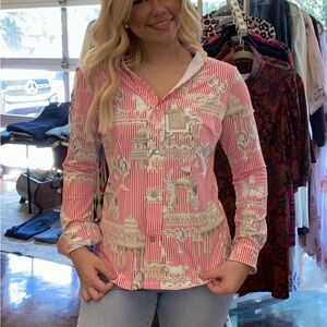 Kenny Dana cabana stripe Pink and White Women's Top UPF 50 NWT